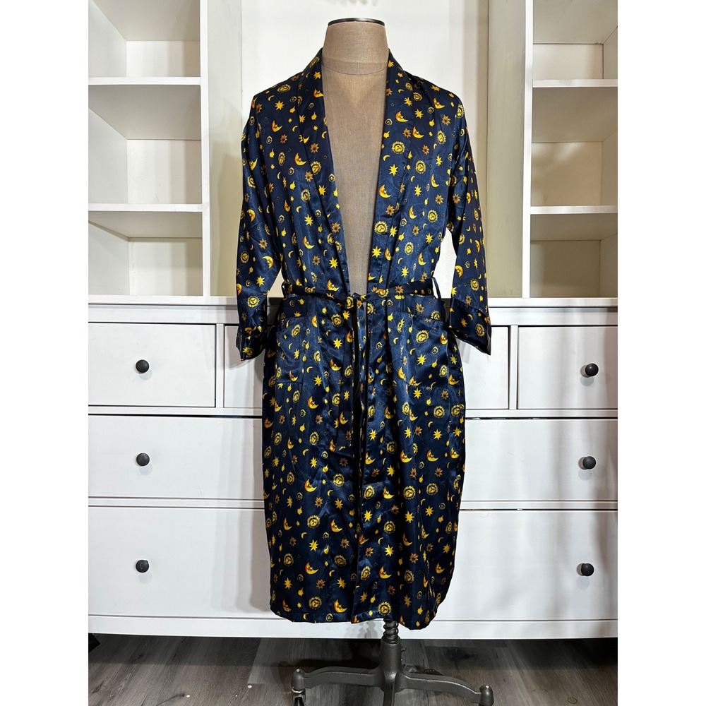 Liz Claiborne Vintage Celestial Sun Moon Stars Navy Blue Satin Robe Mens Medium
